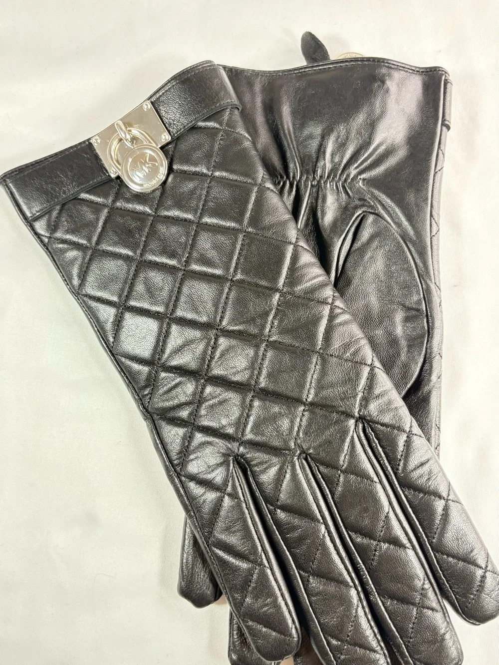 Michael Kors Black Quilted Leather Gloves with Silver MK Plaque